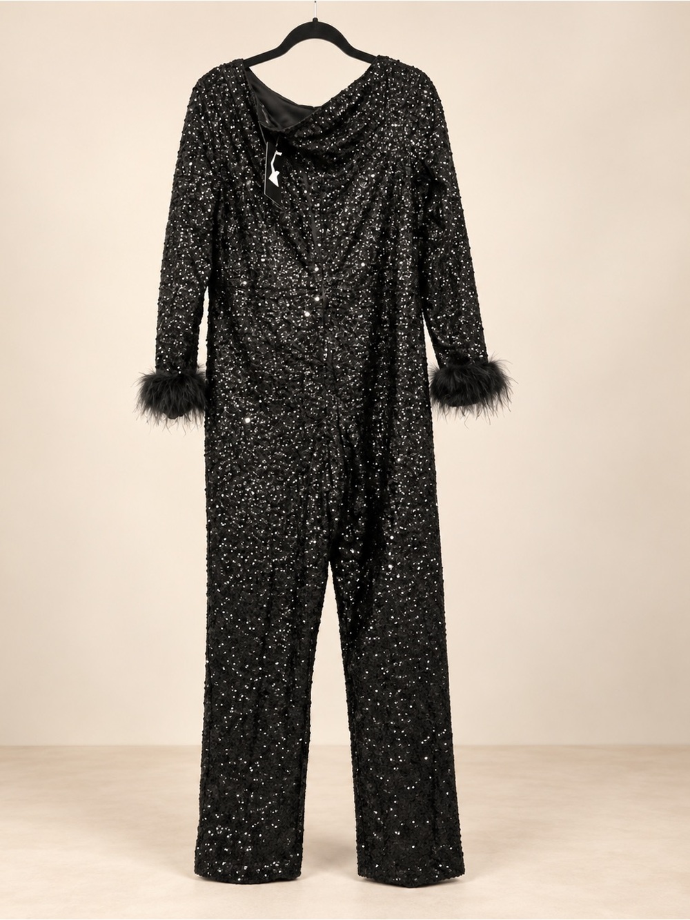 Xpluswear Black Sequin Feather Cuff Jumpsuit